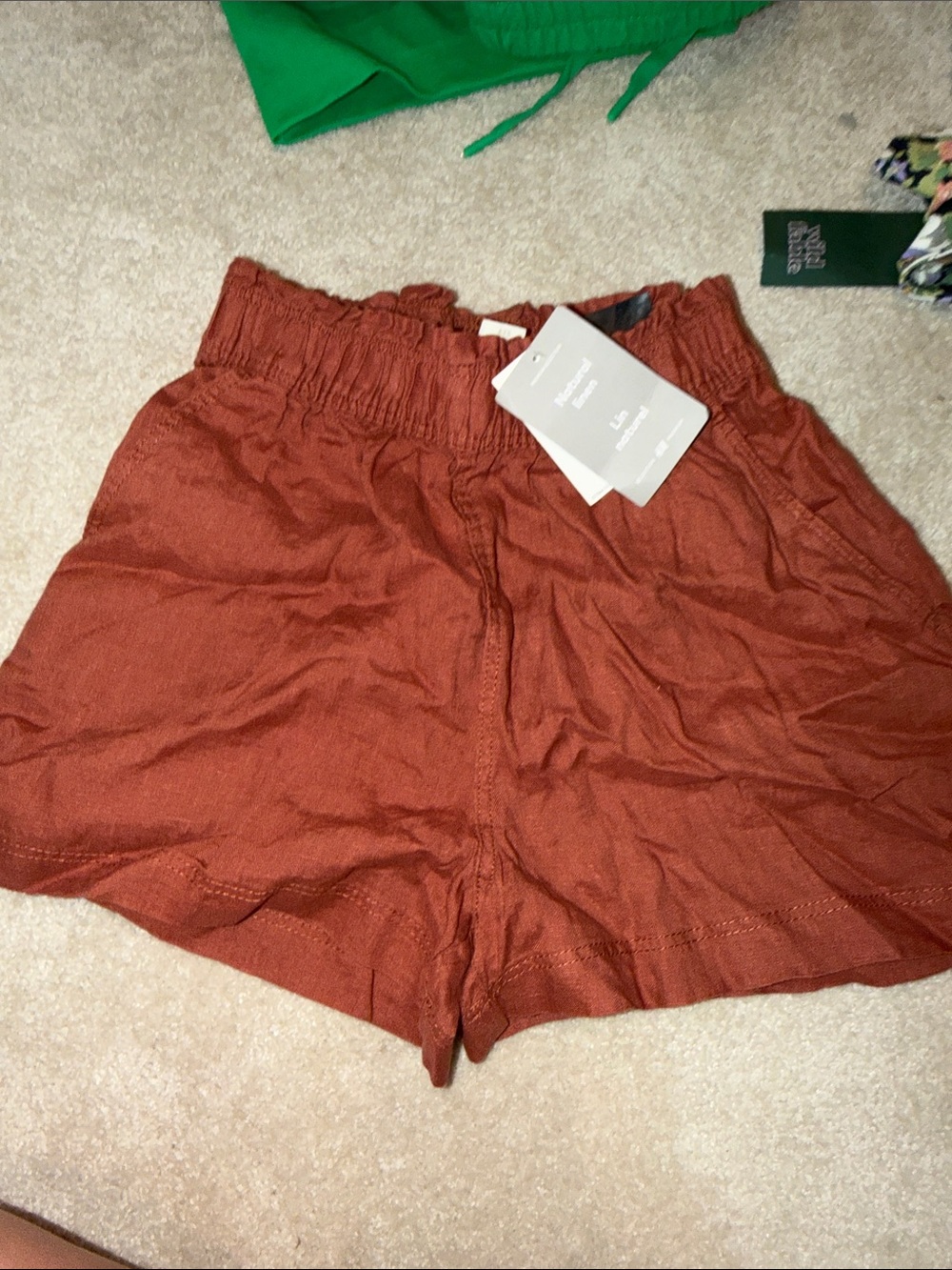 H&M Rust High-Waist Paperbag Shorts